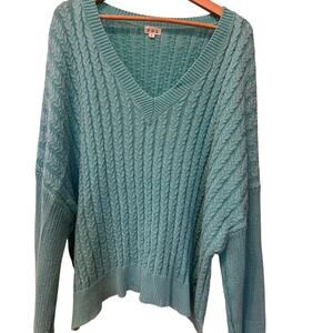 POL Turquoise Cable Knit V Neck Sweater Women's Size Large Preppy Indie Cabin
